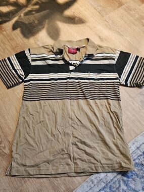Lada The Original Style Mens Brown Tan Striped Short Sleeve Pocket Polo Shirt L